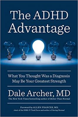 Cover of Dale Archer's book, "The ADHD Advantage." Navy blue cover with white font and illustrations of lightbulbs on cover.