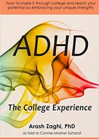 The cover of Arash Zaghi's book, "ADHD, The College Experience." Black font on top of a rainbow design.