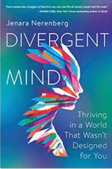 Book cover for Divergent Mind. White font against a cool-toned splotchy background with an abstract designed silhouette of a person's side profile.