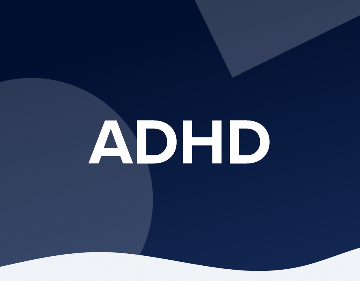 Sans serif white font that says "ADHD" against a navy blue background with low opacity shapes in the background.