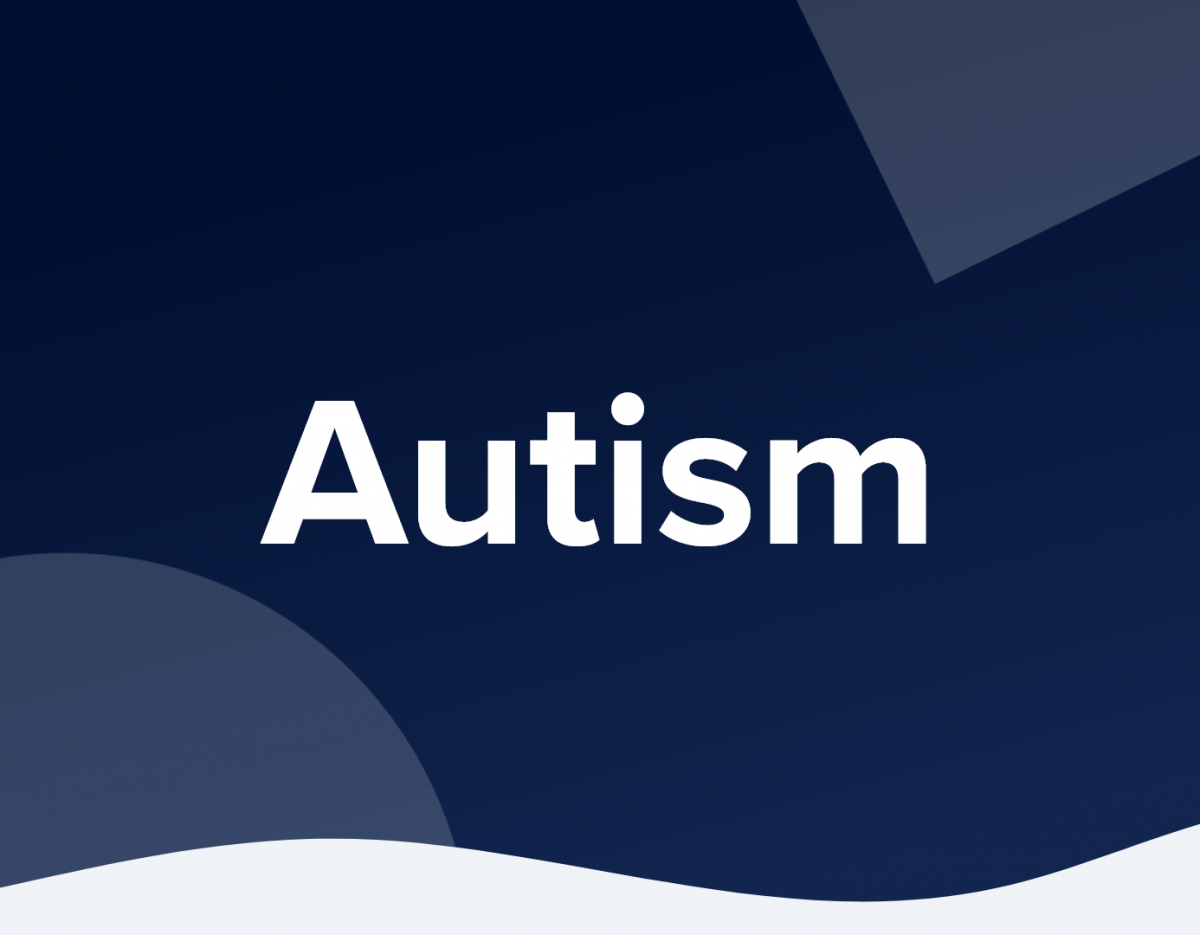 Sans serif white font that says "Autism" against a navy blue background with low opacity shapes in the background.