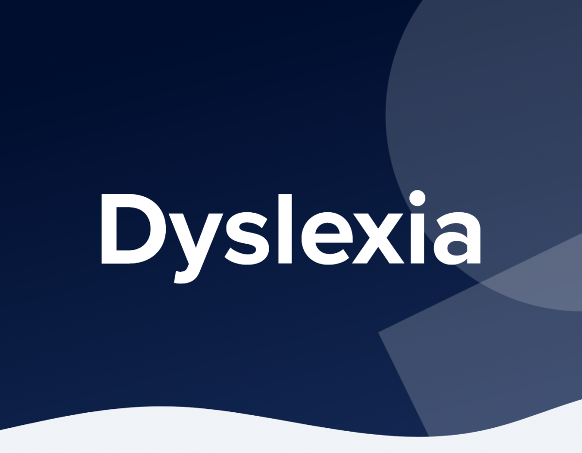 Sans serif white font that says "Dyslexia" against a navy blue background with low opacity shapes in the background.