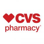 Logo for CVS Pharmacy. Red font with a red heart.