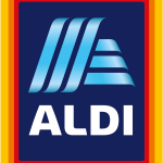 Aldi logo. Bold, white, capitalized font within a multi-colored rectangle.