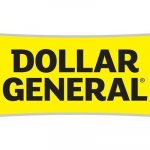 Rectangular logo for Dollar General. Black, bold font with a bright yellow background.