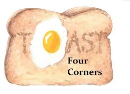 Logo for Toast Four Corners Restaurant. Features a piece of toast where the "o" in toast is illustrated as an over easy egg. Four Corners in in black font.