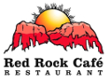 Logo for Red Rock Cafe Restaurant. Black font accompanied by a design with a sun setting over red colored mountains.