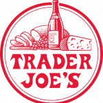 Trader Joe's logo. Bold, red font accompanied by a digital design of wine, cheese bread, and grapes.