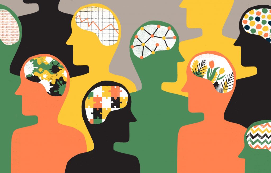 Colorful silhouettes of human side profiles with a cutout in the brain region that is filled with art depicting various interests such as a line graph, molecular structure, flowers, or puzzles.