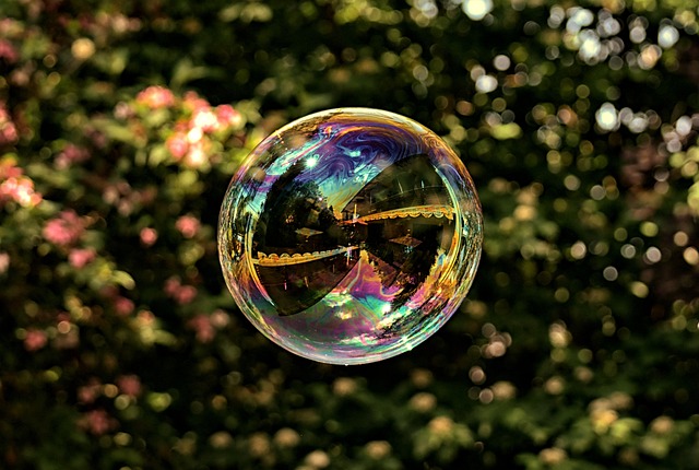 An irridenscent soap bubble floats in front of a background of green bushes.